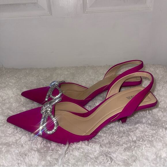 Zara Pink Slingback Heel Satin Effect Rhinestone Bow Shoes - Picture 8 of 9
